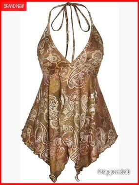 Plus Size Boho Halter Top Peplum Cami Backless V Neck Vacation Wear